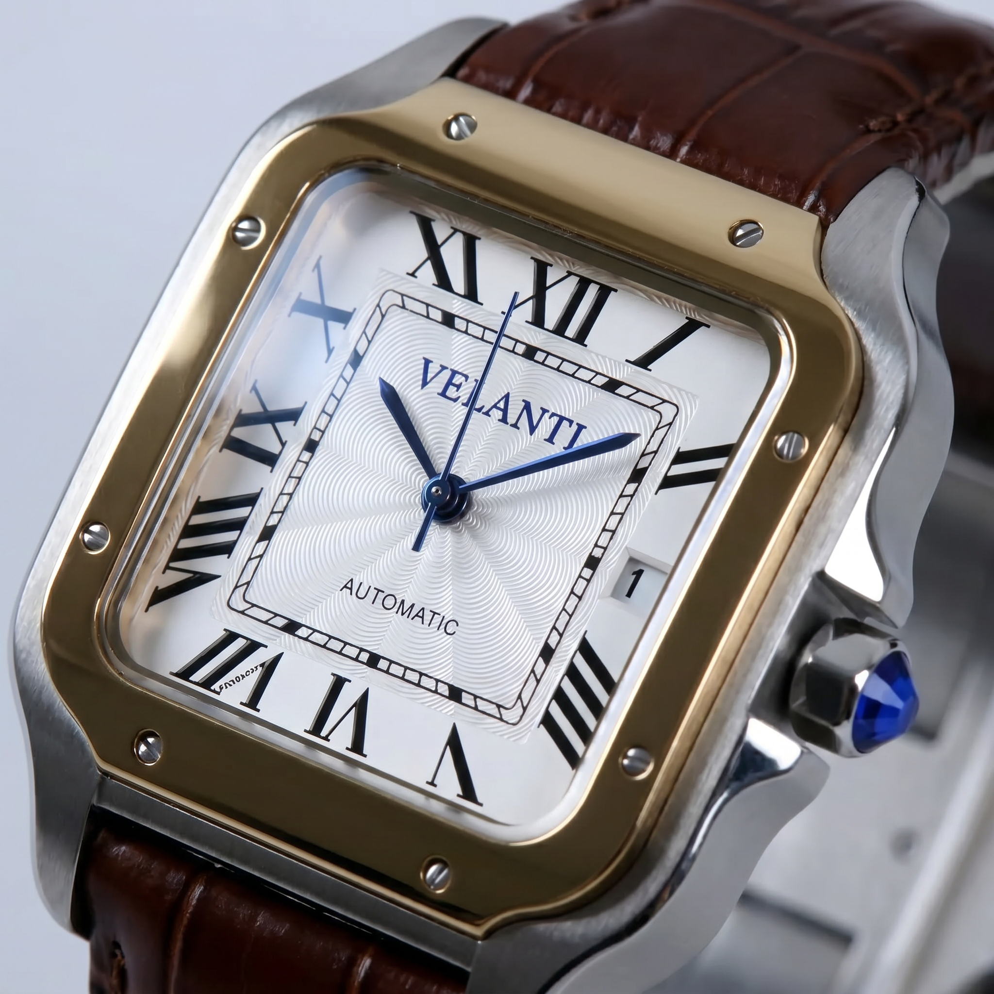 Santos-style automatic watch, Velanti Milano Santvel White Brown Leather, product photo 3
