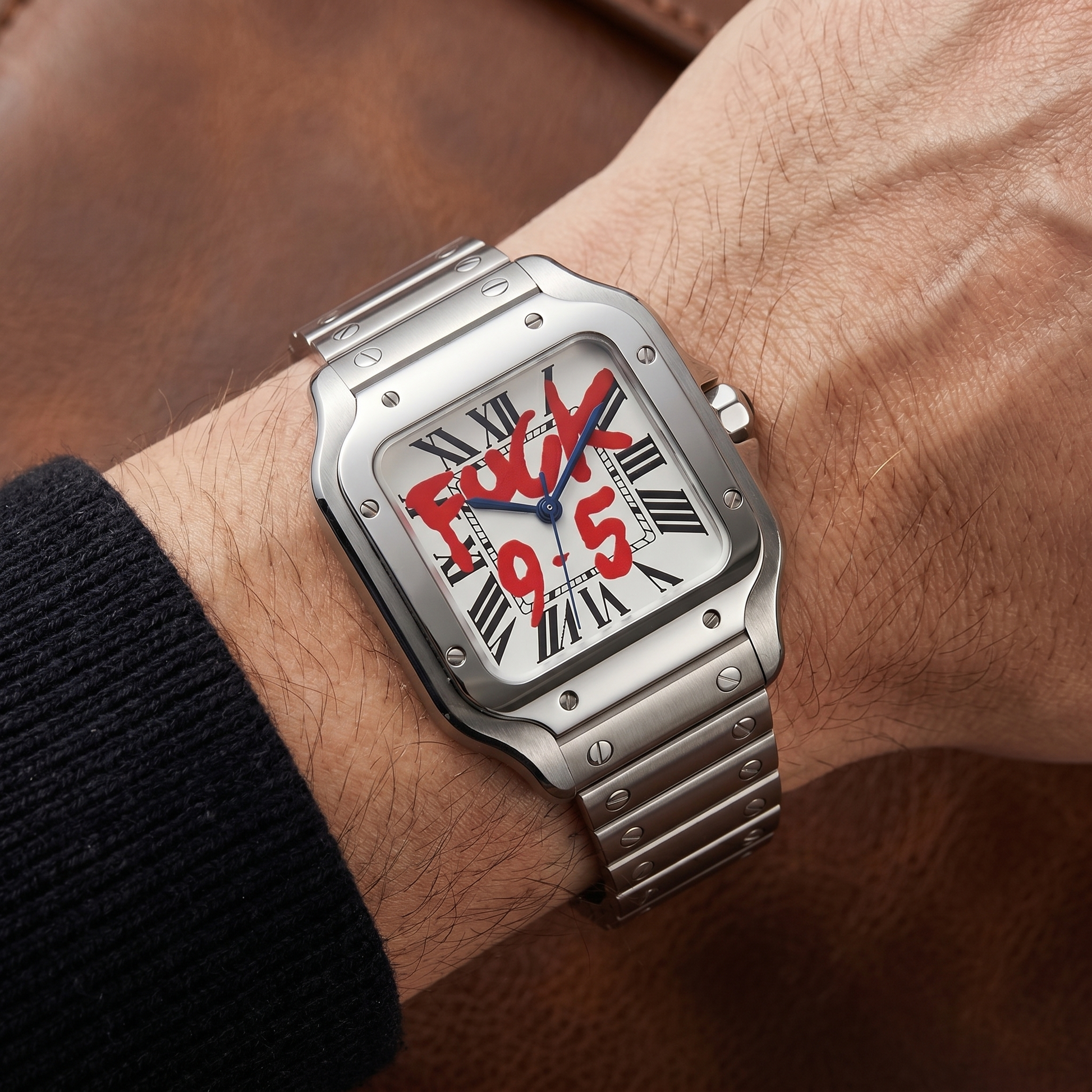 Santos-style automatic watch, Velanti Milano Santvel White Fck 9 to 5, on-wrist photo