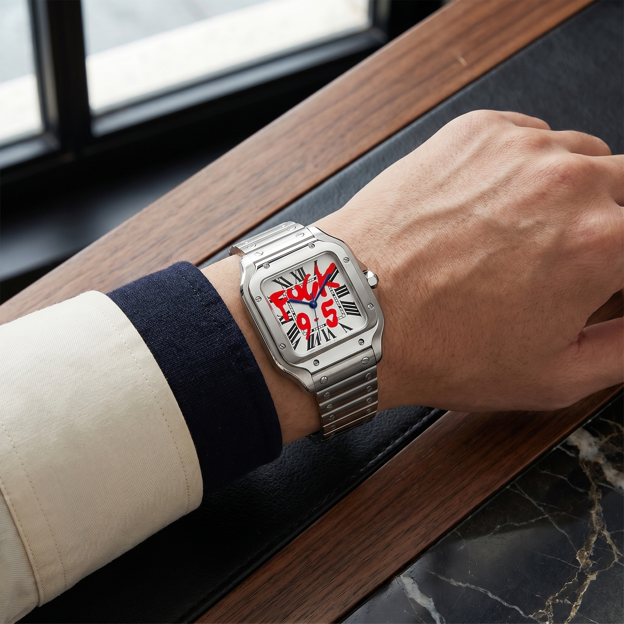 Santos-style automatic watch, Velanti Milano Santvel White Fck 9 To 5 worn on wrist photo 13