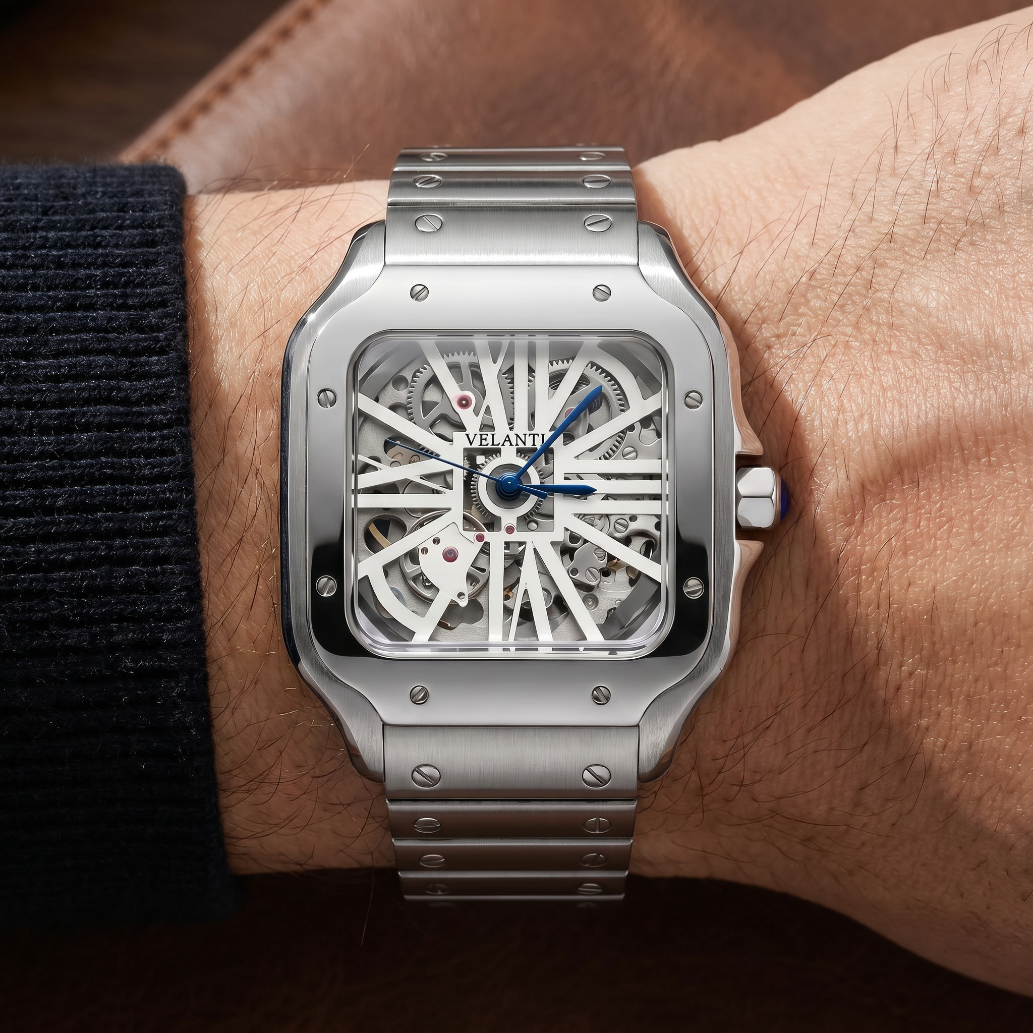 Santos-style automatic watch, Velanti Milano Santvel White Skeleton worn on wrist photo 3
