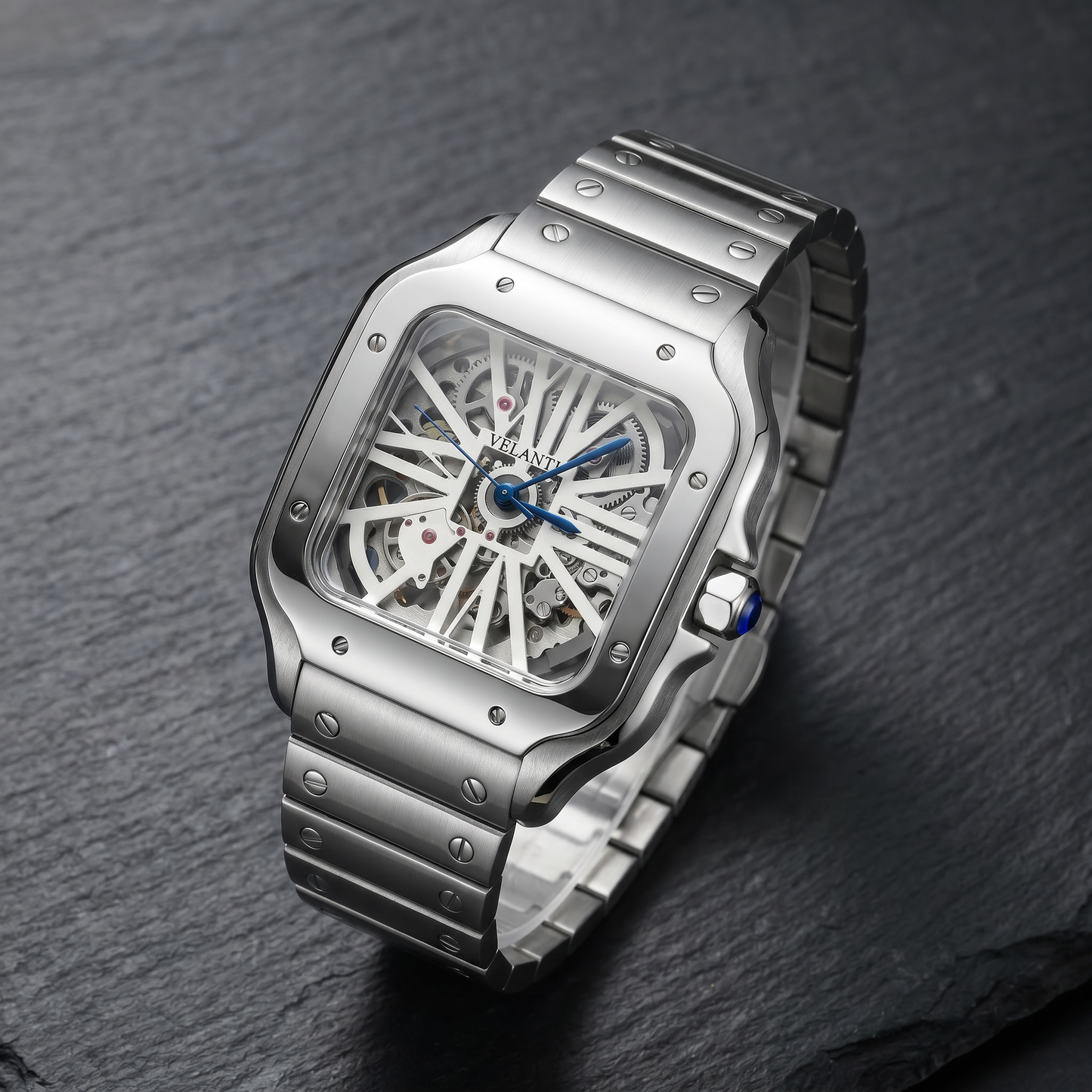 Santos-style custom automatic watch, Velanti Milano Santvel White Skeleton, bracelet detail photo