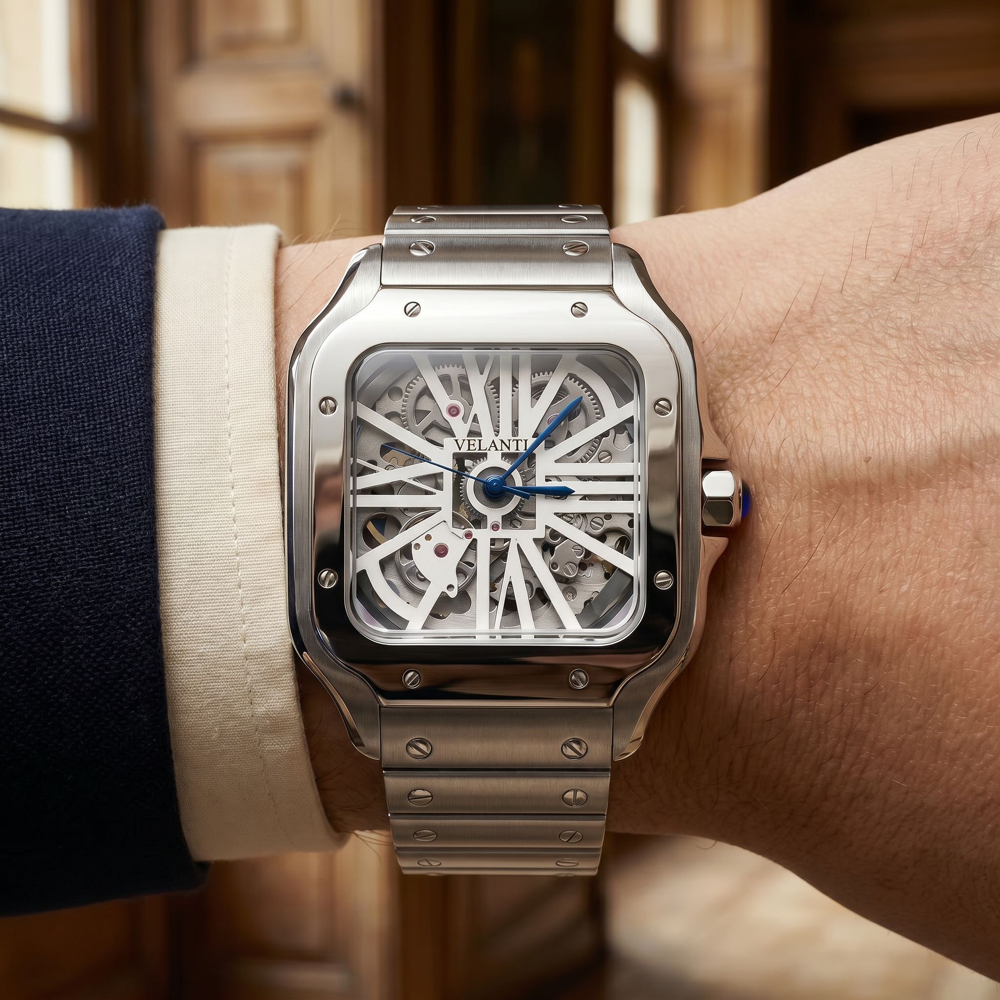 Santos-style automatic watch, Velanti Milano Santvel White Skeleton, product photo 6