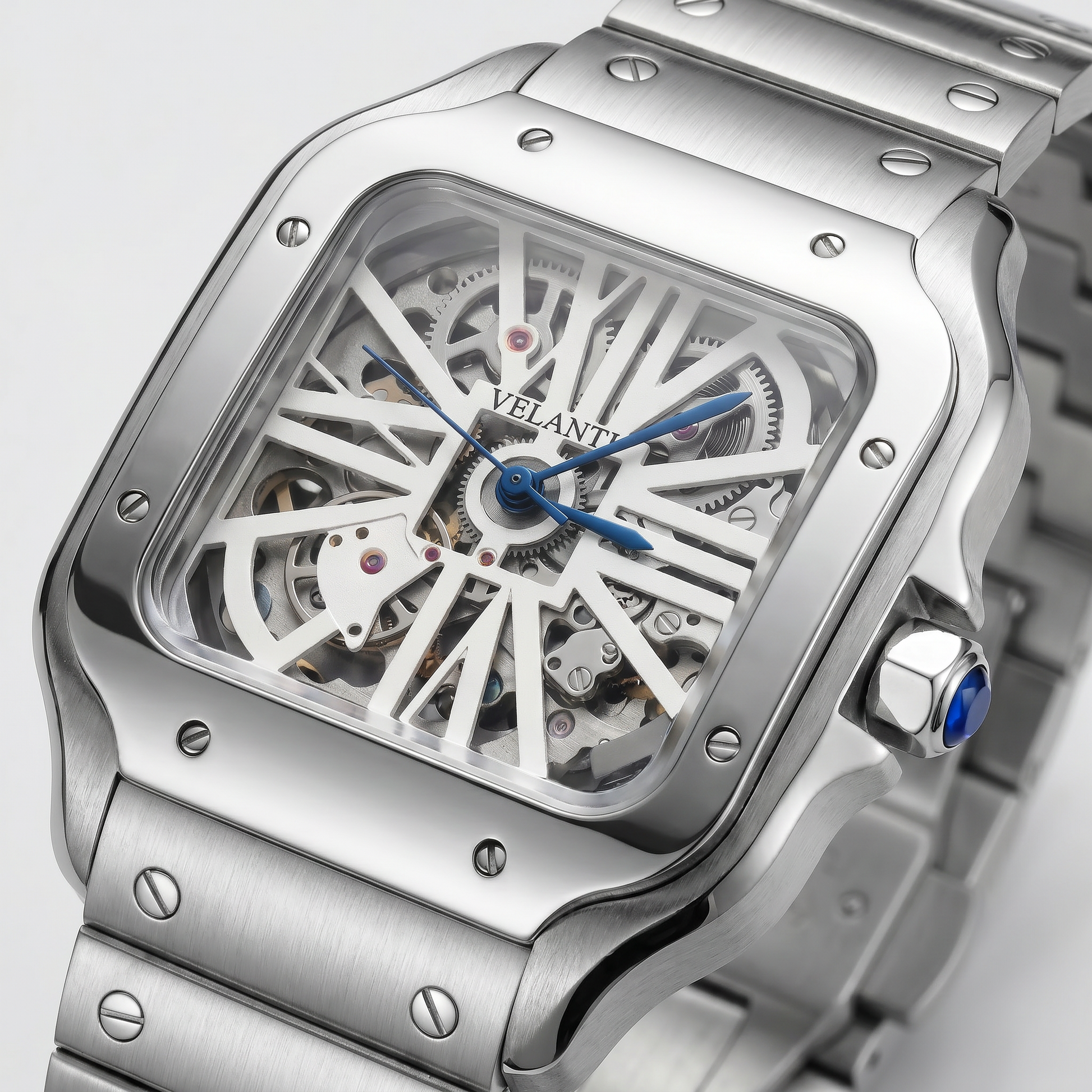 Santos-style custom automatic watch, Velanti Milano Santvel White Skeleton, watch detail photo 8