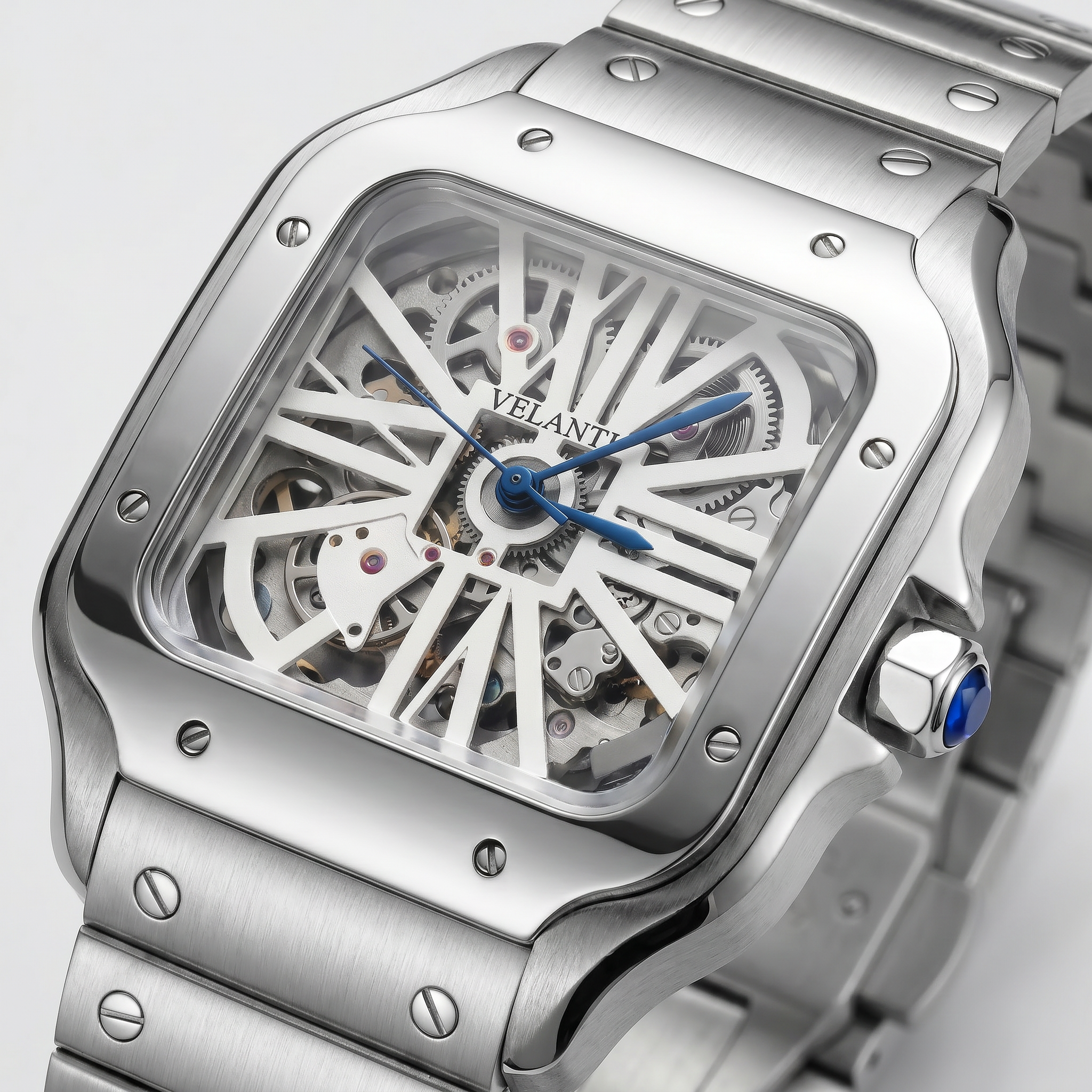Santos-style automatic watch, Velanti Milano Santvel White Skeleton, watch detail photo 8