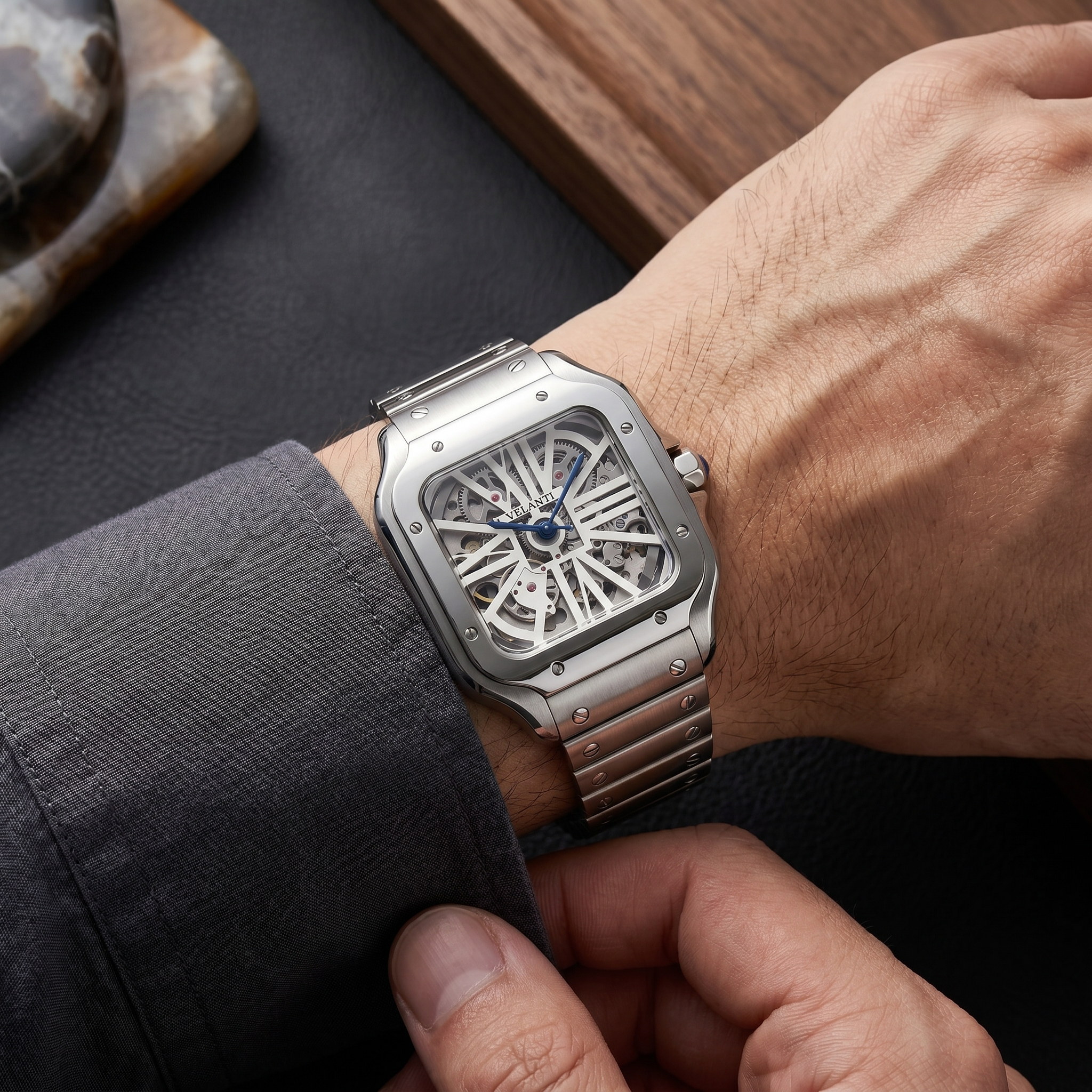 Santos-style automatic watch, Velanti Milano Santvel White Skeleton worn on wrist photo 9