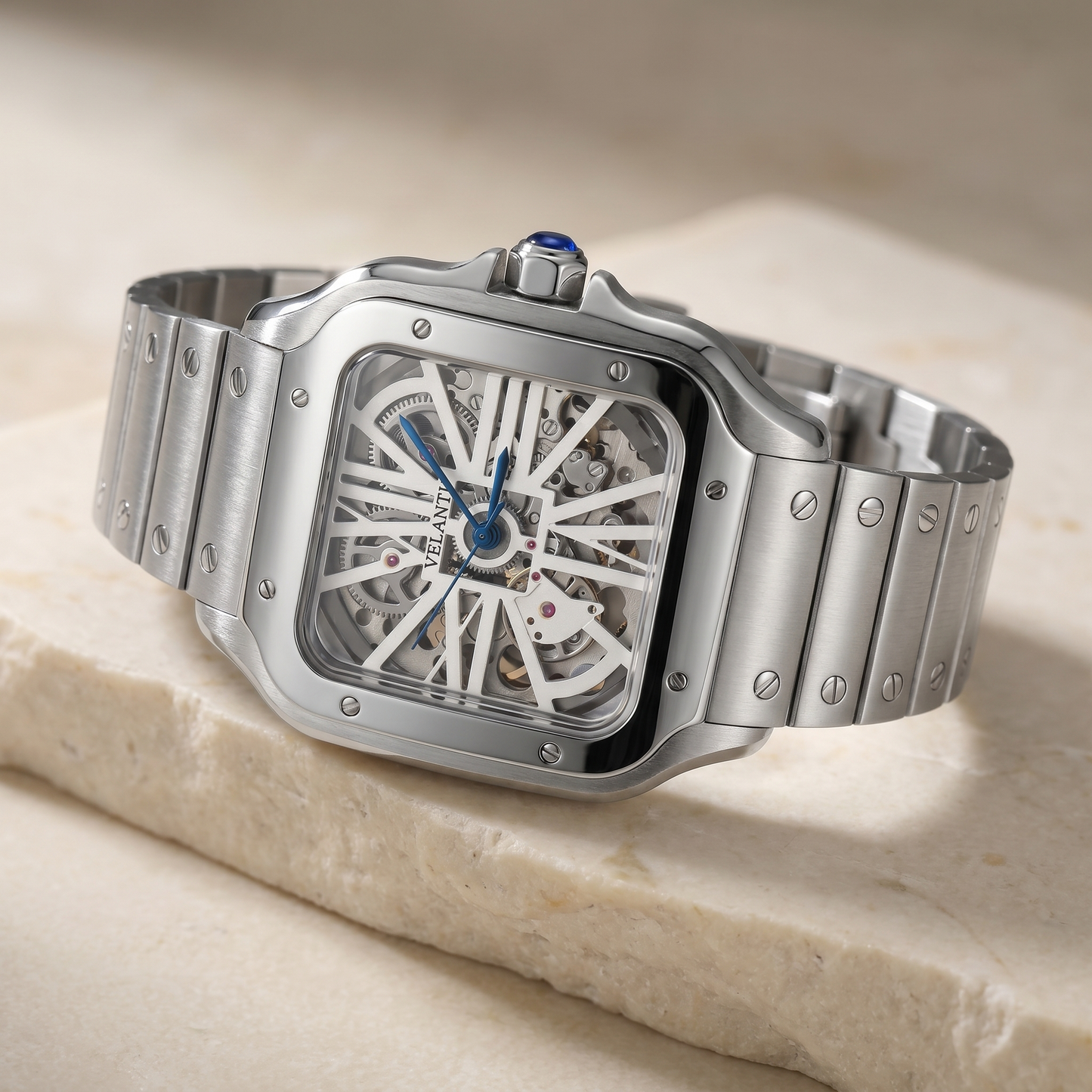 Santos-style custom automatic watch, Velanti Milano Santvel White Skeleton, watch detail photo 10