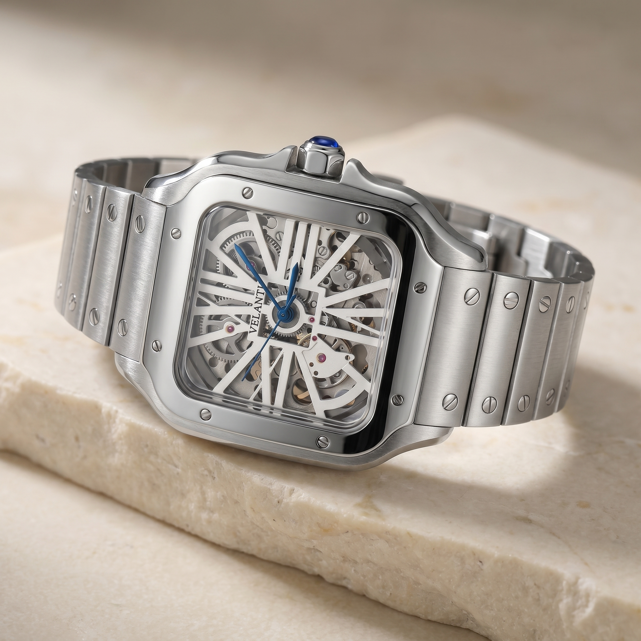 Santos-style automatic watch, Velanti Milano Santvel White Skeleton, watch detail photo 10
