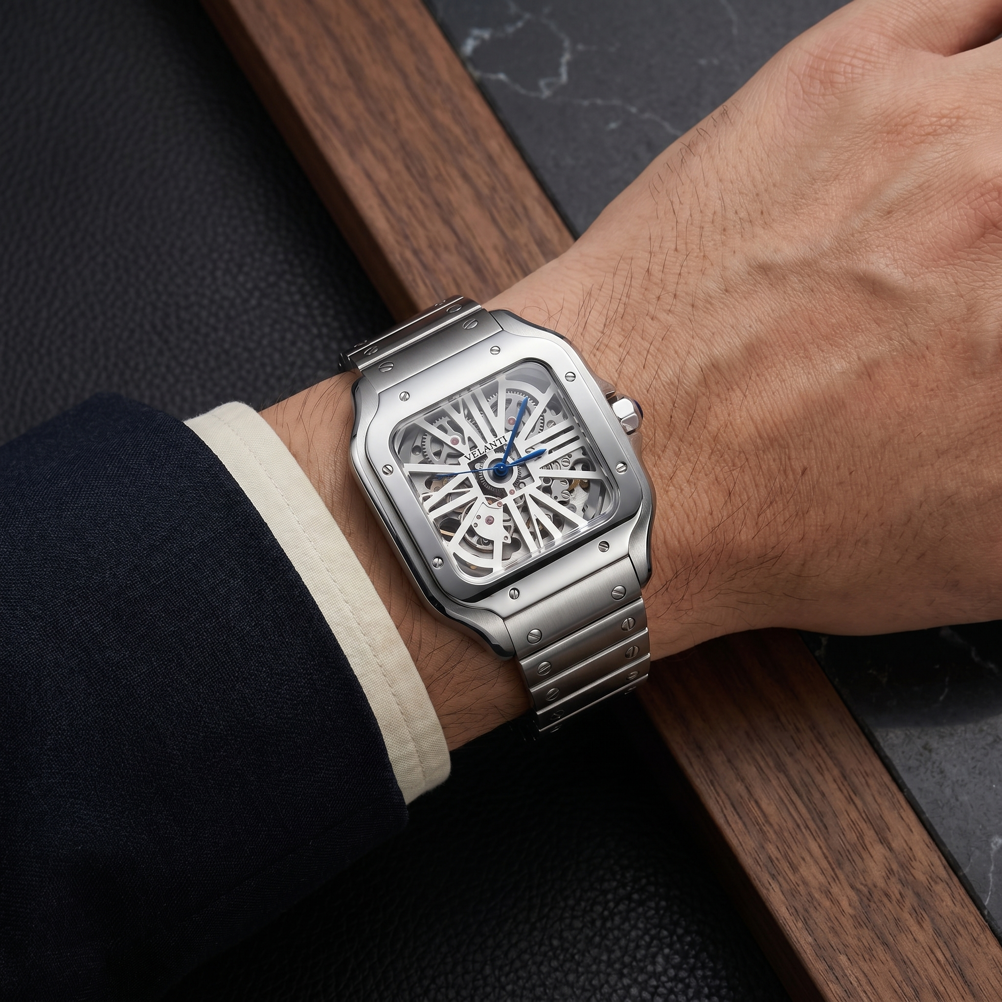 Santos-style automatic watch, Velanti Milano Santvel White Skeleton worn on wrist photo 11