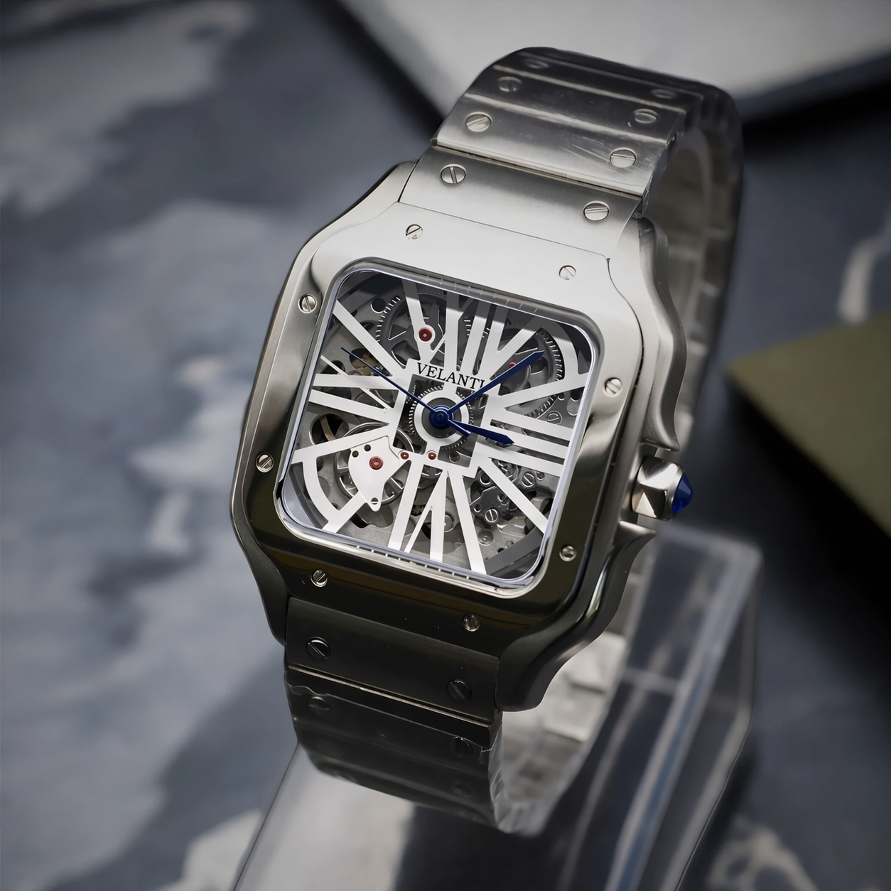 Santos-style automatic watch, Velanti Milano Santvel White Skeleton, product photo 7