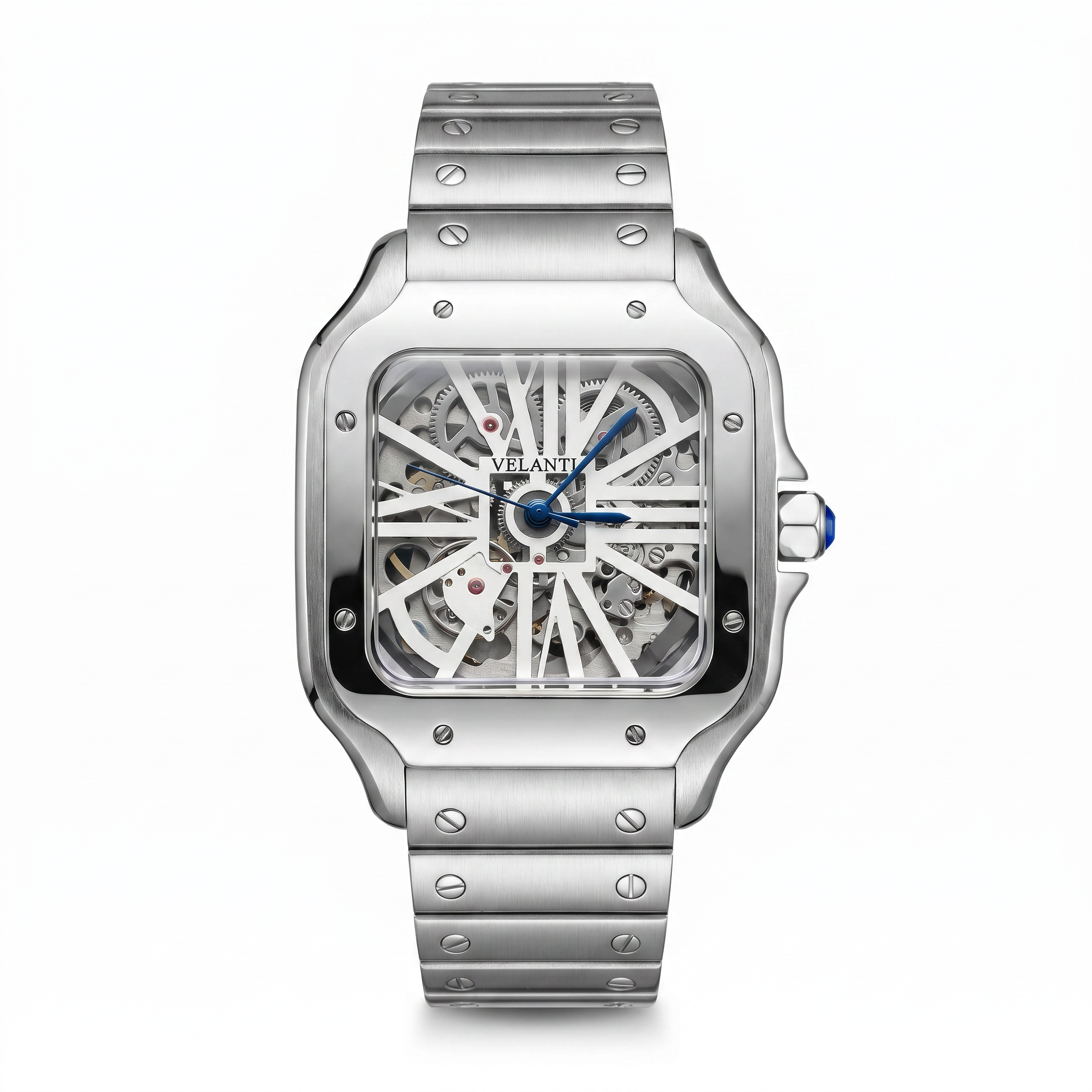 Santos-style automatic watch, Velanti Milano Santvel White Skeleton, main product photo