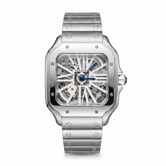 Santos-style custom mod watch, Velanti Milano Santvel White Skeleton, main product photo