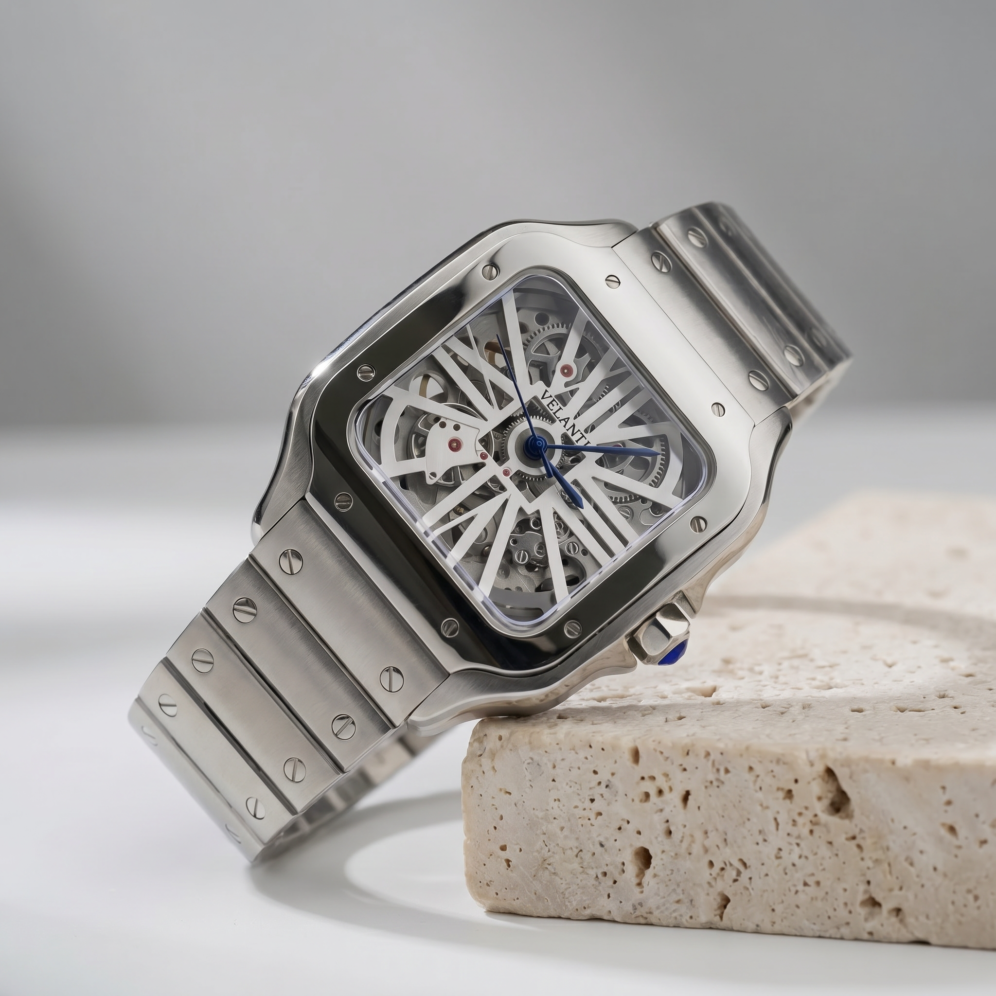 Santos-style automatic watch, Velanti Milano Santvel White Skeleton, product photo 2