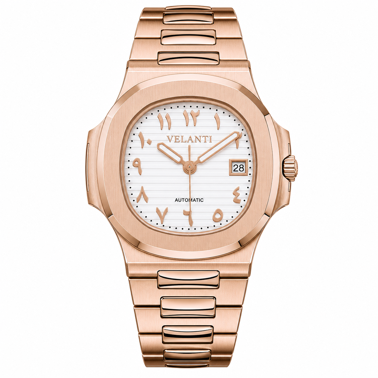 Nautilus-style automatic watch, Velanti Milano Nautvel Arabic Rose Gold White, main product photo
