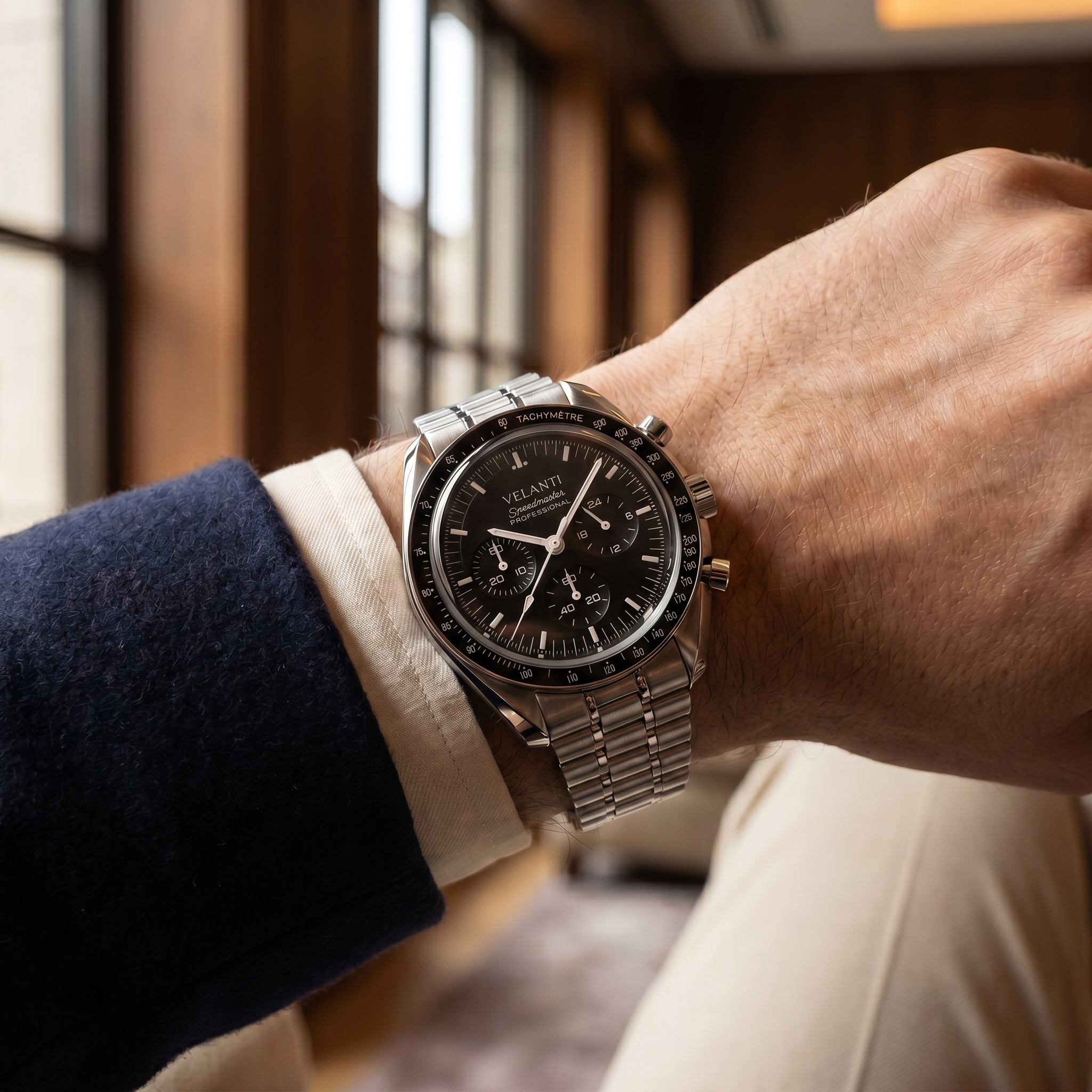Speedmaster-style chronograph watch, Velanti Milano Speedvel Black, product photo 8