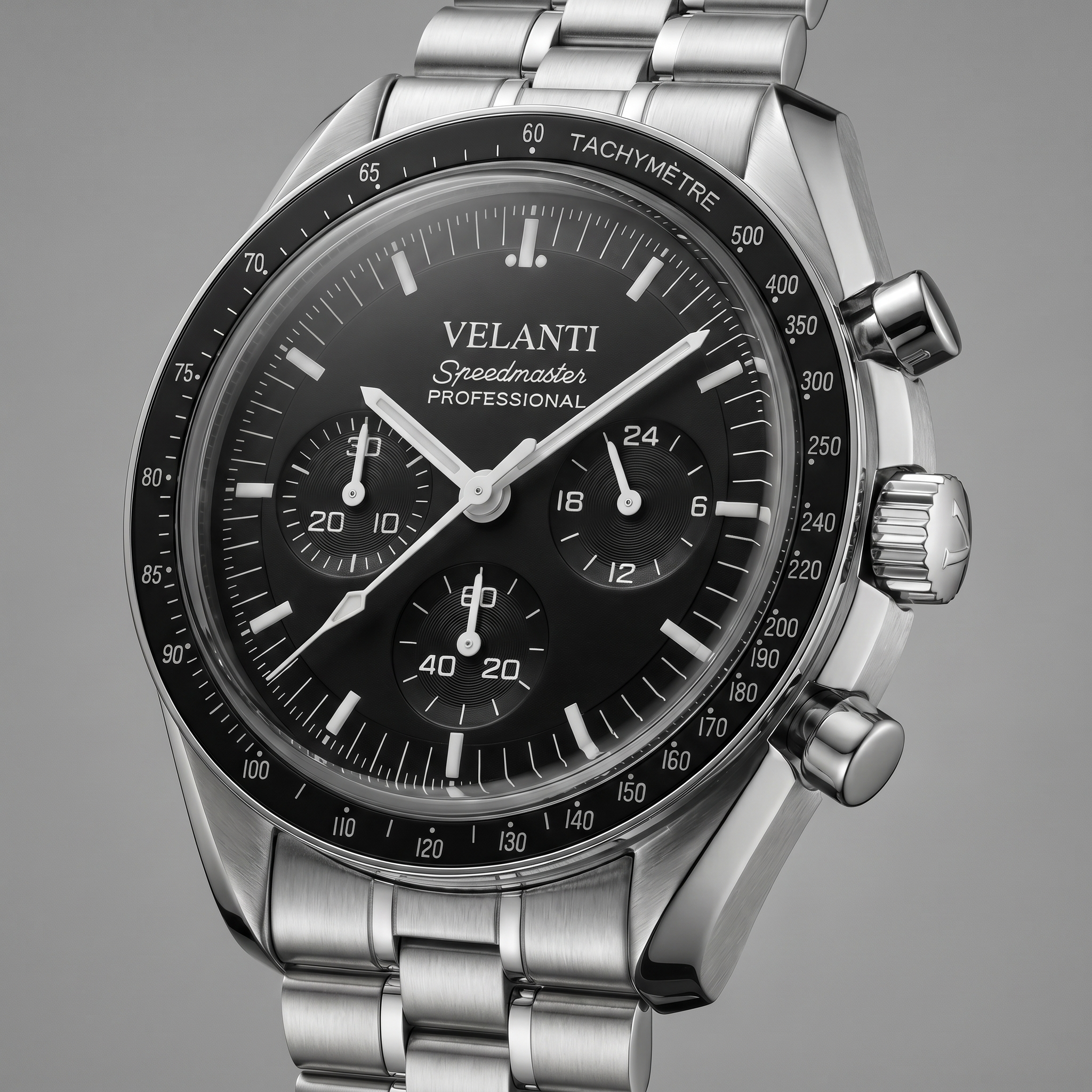 Speedmaster-style chronograph watch, Velanti Milano Speedvel Black, watch detail photo 9