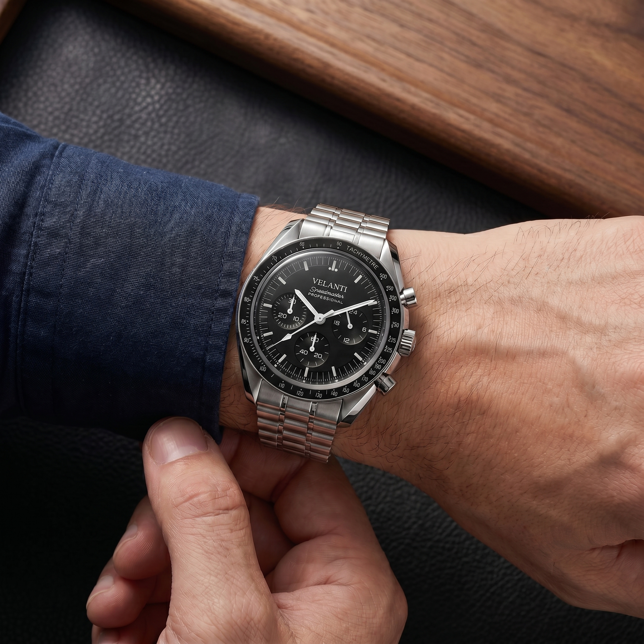 Speedmaster-style chronograph watch, Velanti Milano Speedvel Black worn on wrist