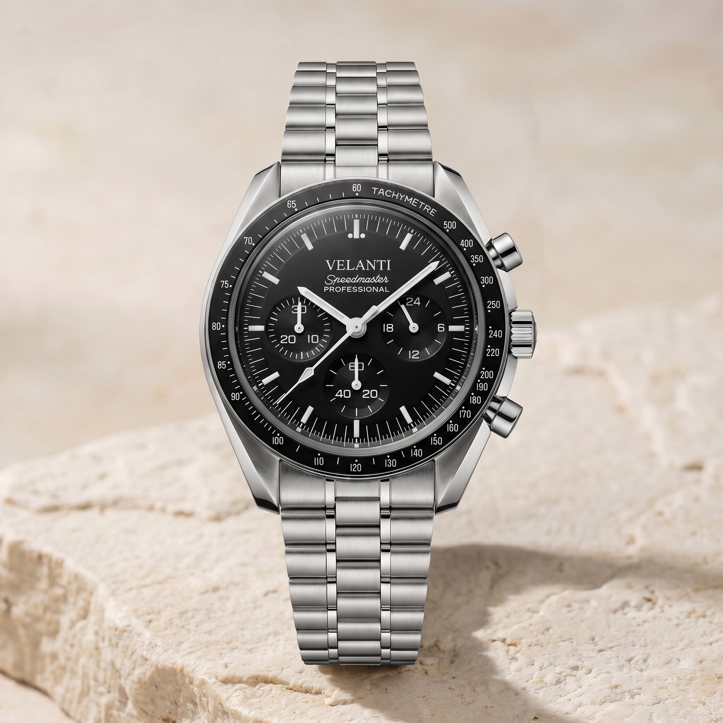 Speedmaster-style custom chronograph watch, Velanti Milano Speedvel Black, watch detail photo 11