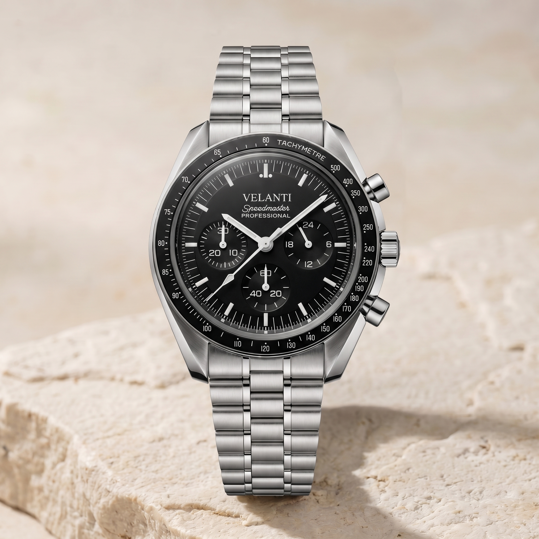 Speedmaster-style chronograph watch, Velanti Milano Speedvel Black, watch detail photo 11