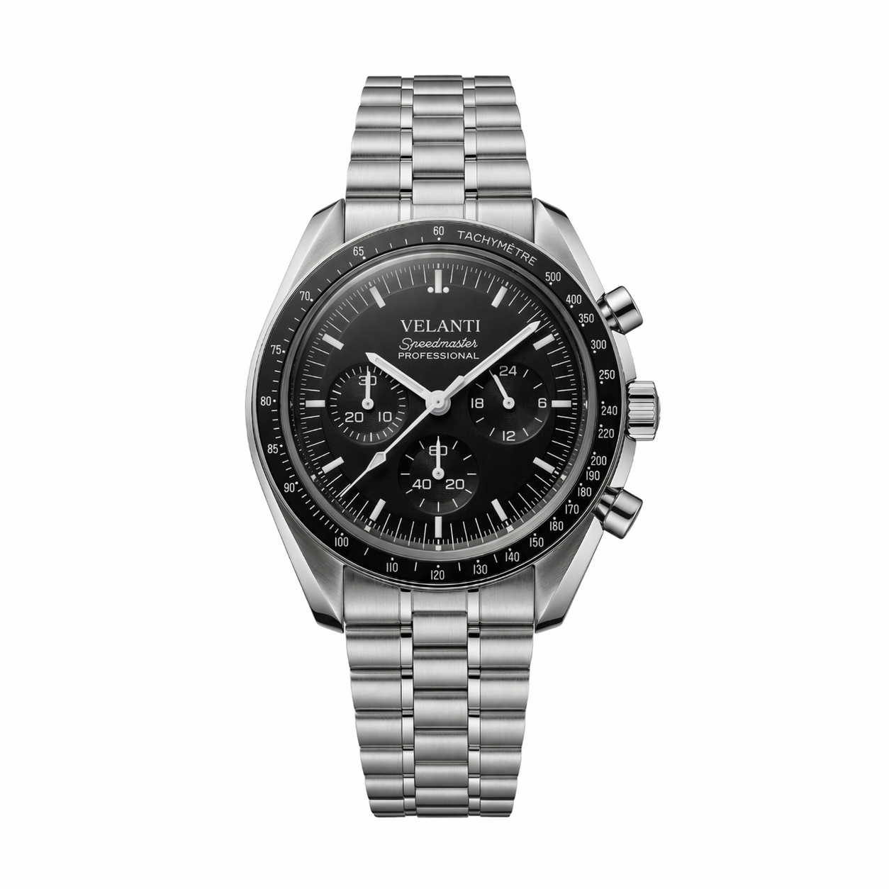 Speedmaster-style chronograph watch, Velanti Milano Speedvel Black, main product photo