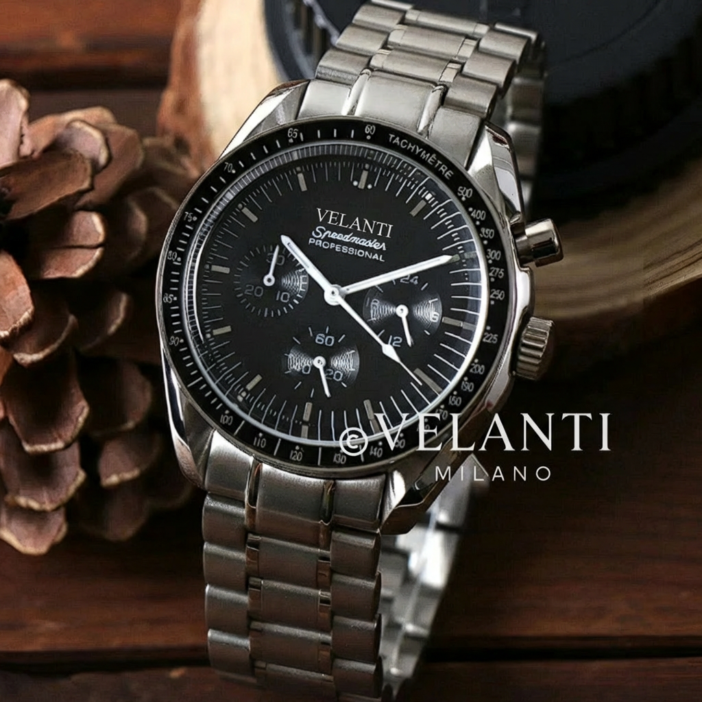 Speedmaster-style chronograph watch, Velanti Milano Speedvel Black, product photo 2