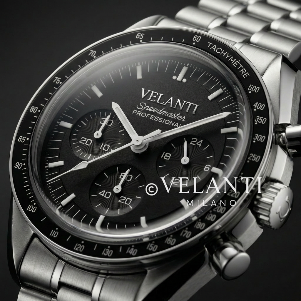 Speedmaster-style chronograph watch, Velanti Milano Speedvel Black, product photo 4