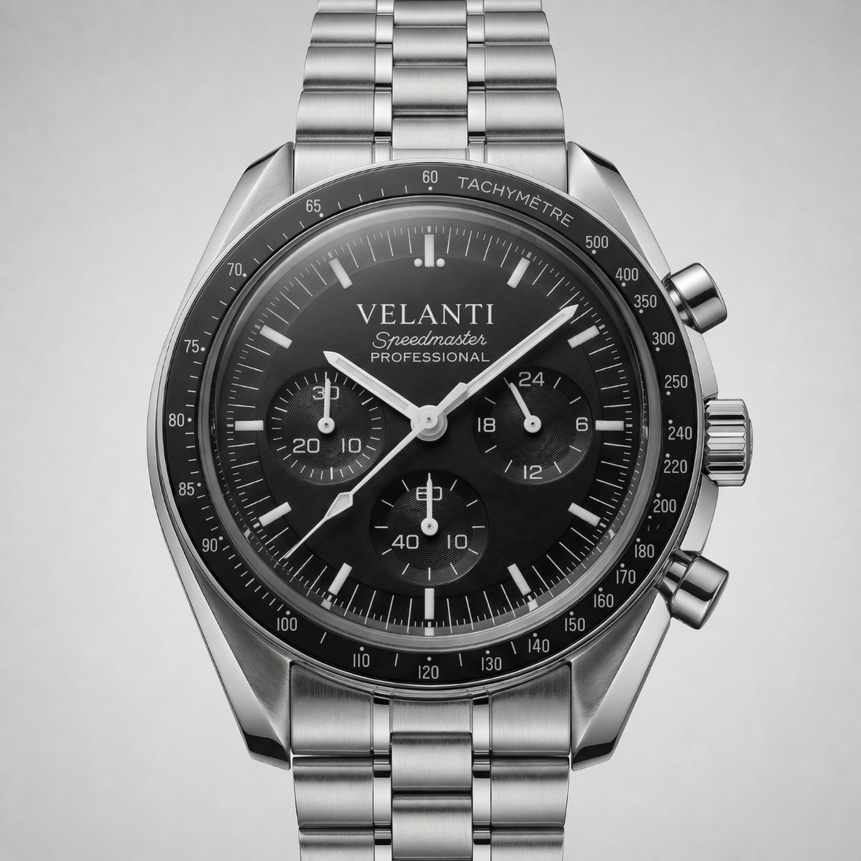 Speedmaster-style chronograph watch, Velanti Milano Speedvel Black, product photo 5
