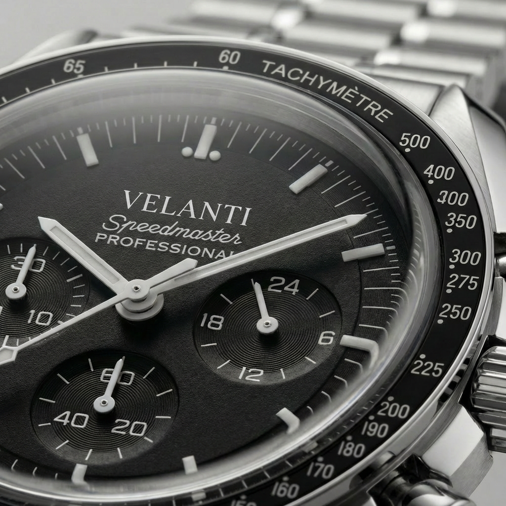 Speedmaster-style chronograph watch, Velanti Milano Speedvel Black, product photo 6