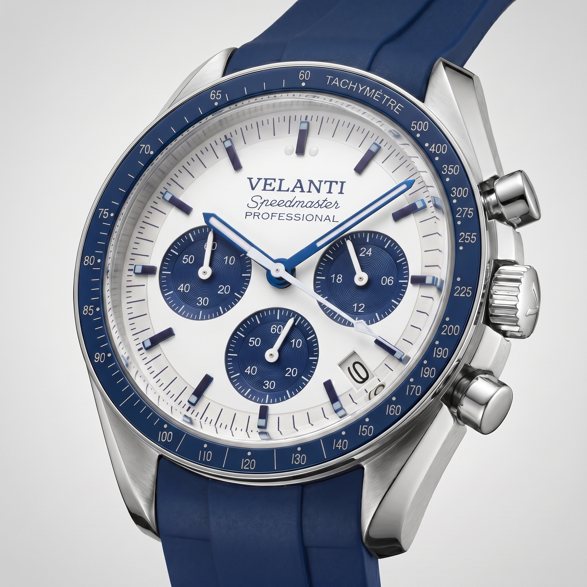 Speedmaster-style chronograph watch, Velanti Milano Speedvel Snoopy Blue, watch detail photo 8