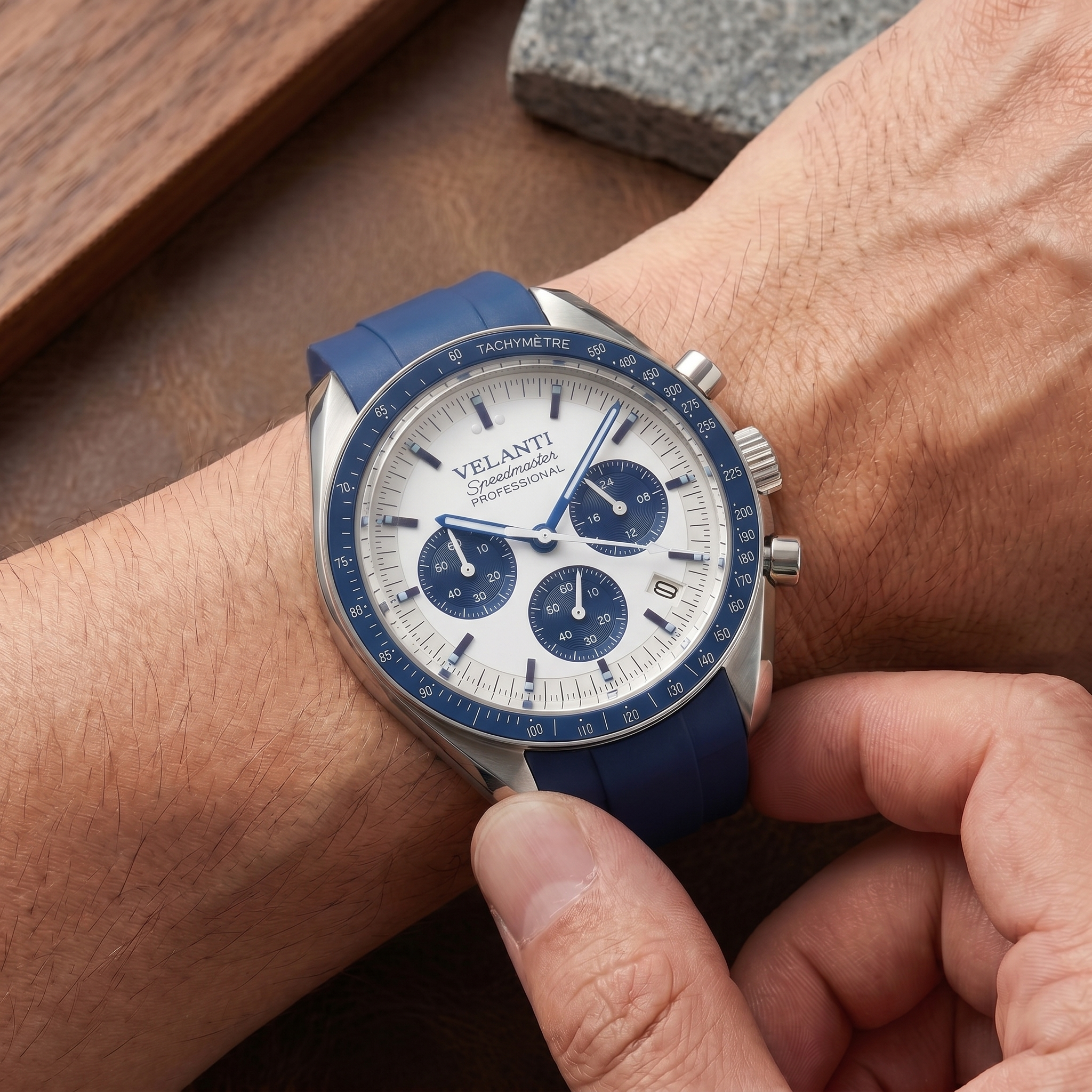 Speedmaster-style chronograph watch, Velanti Milano Speedvel Snoopy Blue worn on wrist