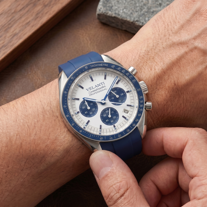 Speedmaster-style custom chronograph watch, Velanti Milano Speedvel Snoopy Blue worn on wrist