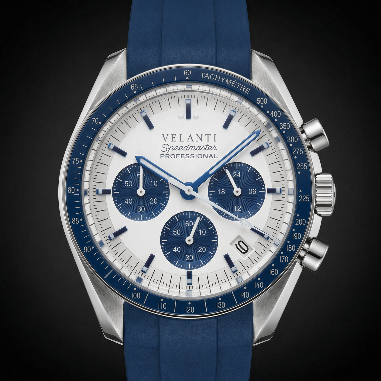 Speedmaster-style chronograph watch, Velanti Milano Speedvel Snoopy Blue, product photo 3