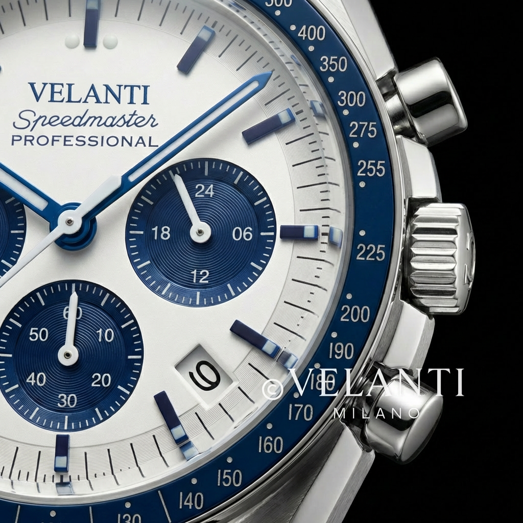 Speedmaster-style chronograph watch, Velanti Milano Speedvel Snoopy Blue, product photo 5