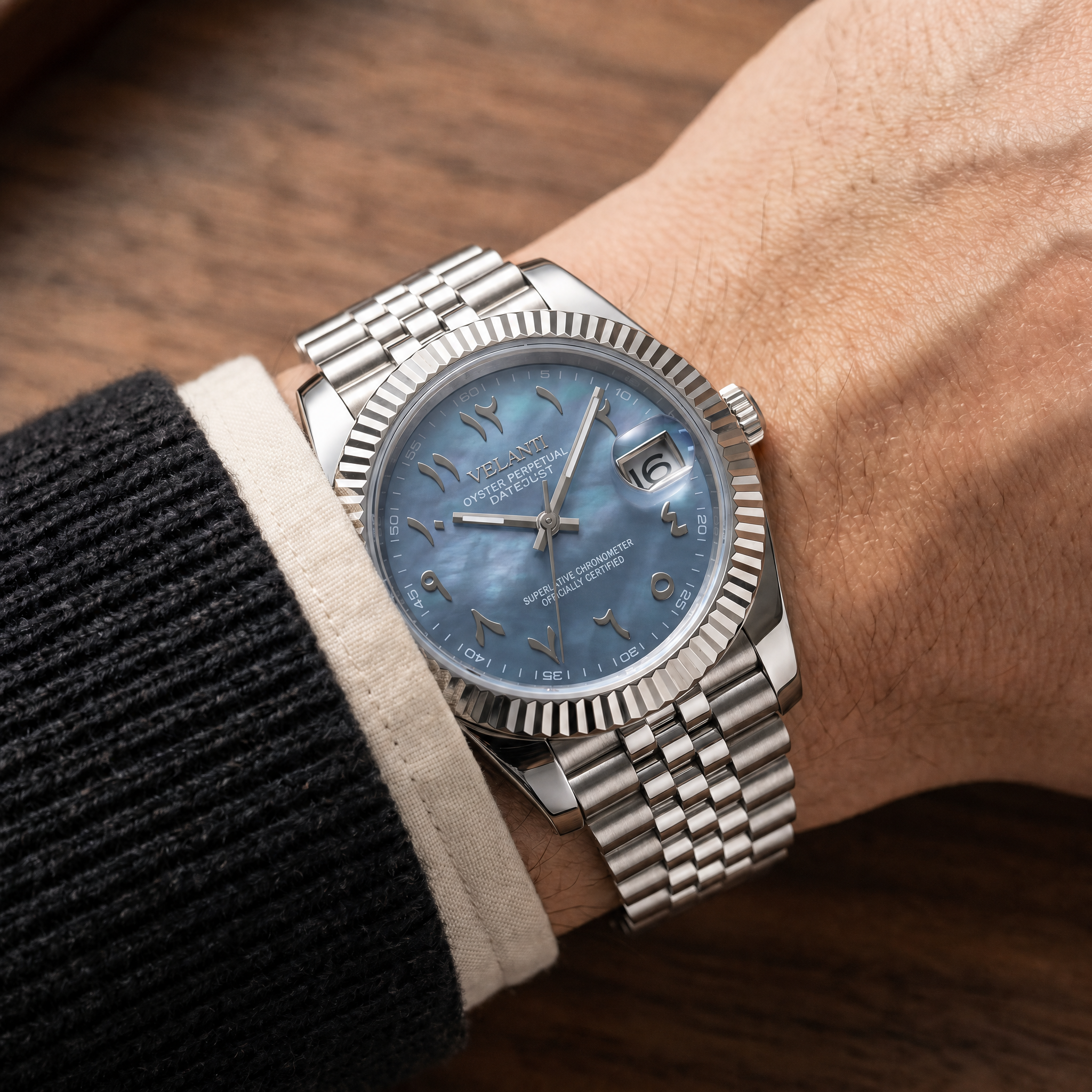 Datejust-style automatic watch, Velanti Milano Veljust Arabic Cosmos, product photo 5