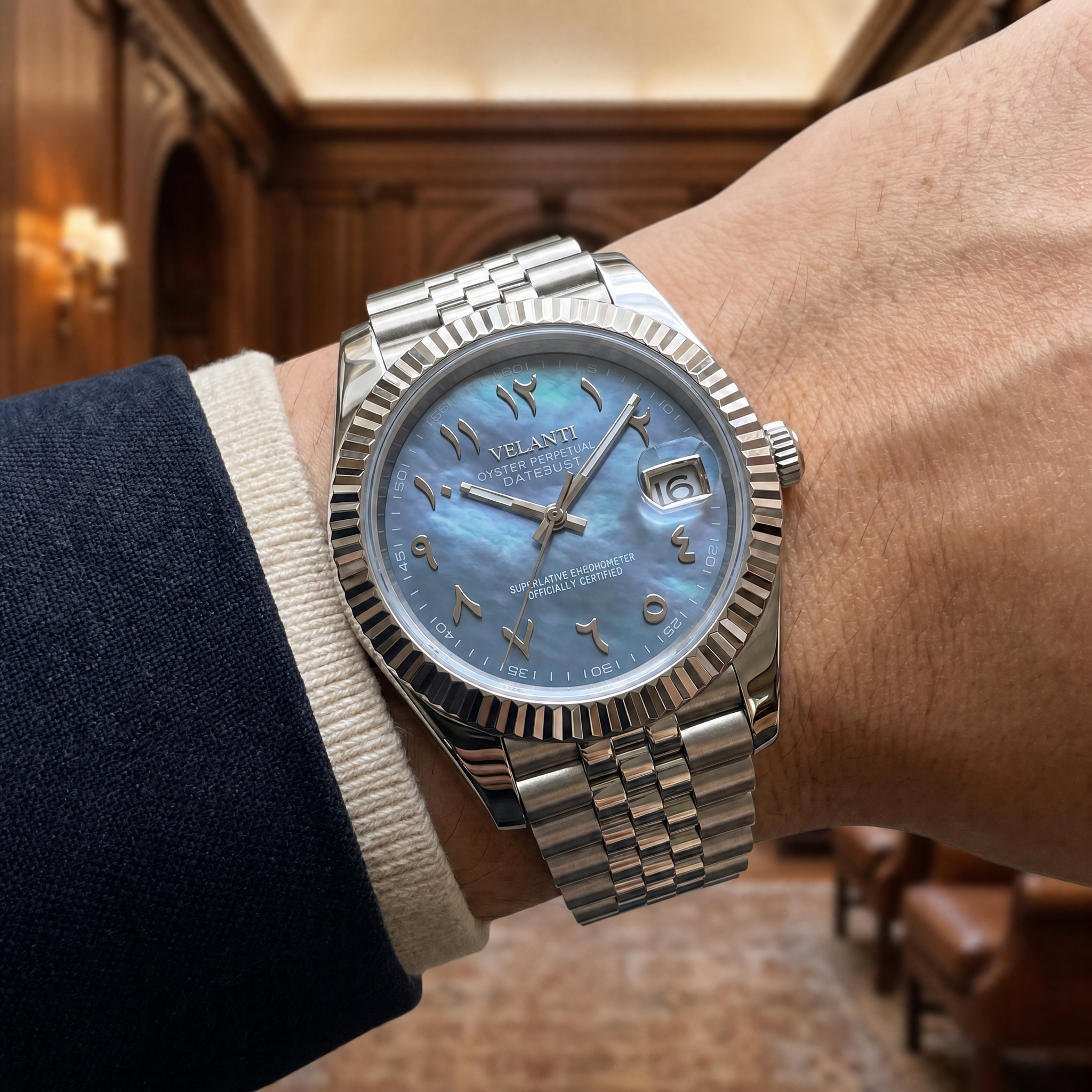 Datejust-style automatic watch, Velanti Milano Veljust Arabic Cosmos, product photo 7