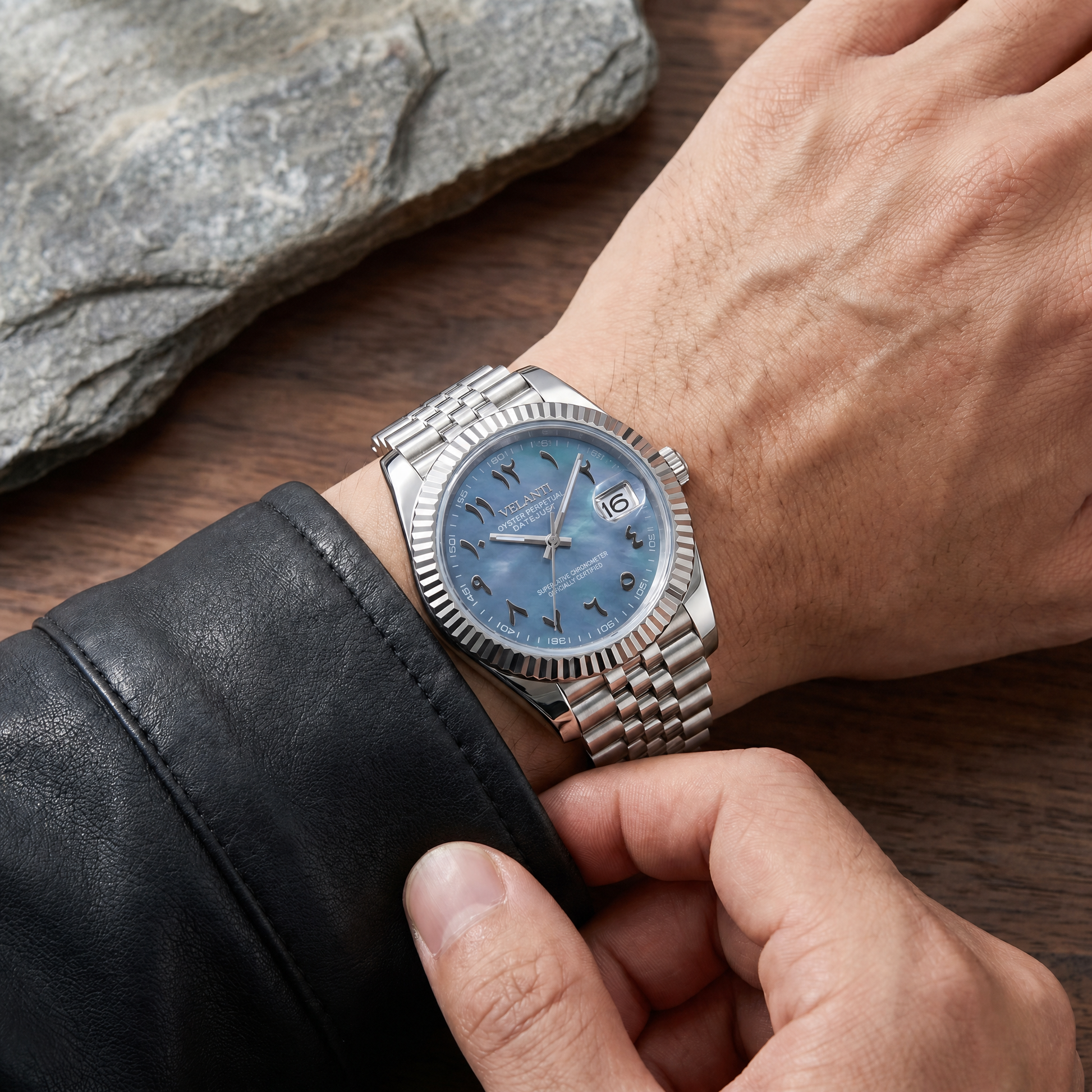 Datejust-style custom mod watch, Velanti Milano Veljust Arabic Cosmos worn on wrist