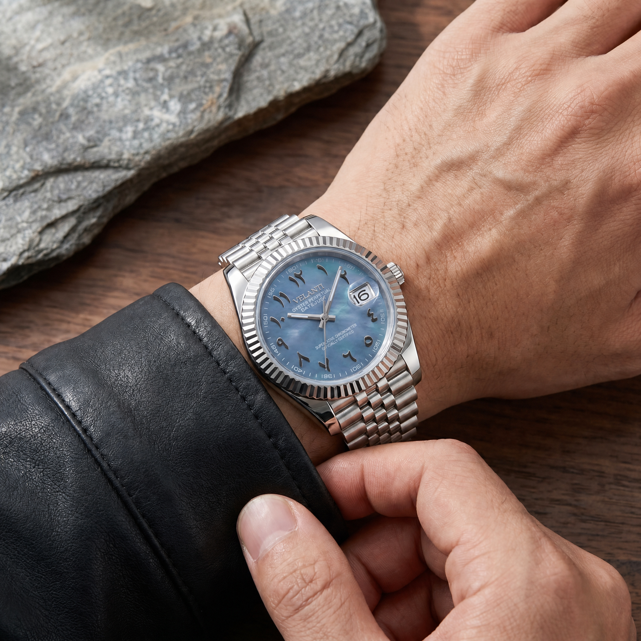 Datejust-style automatic watch, Velanti Milano Veljust Arabic Cosmos worn on wrist
