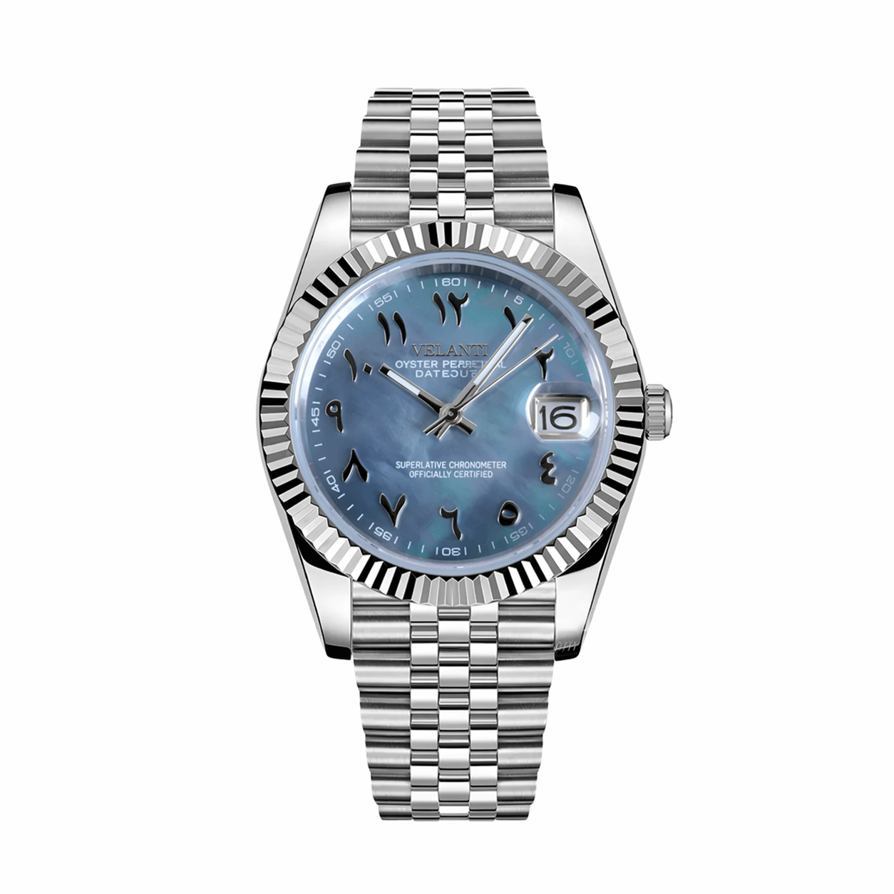 Datejust-style automatic watch, Velanti Milano Veljust Arabic Cosmos, main product photo