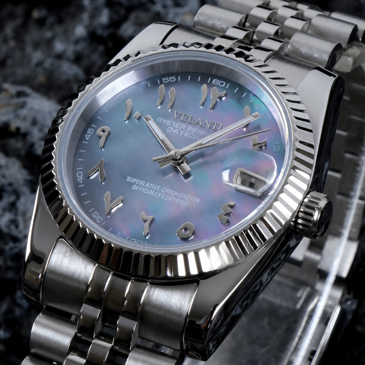 Datejust-style automatic watch, Velanti Milano Veljust Arabic Cosmos, product photo 3