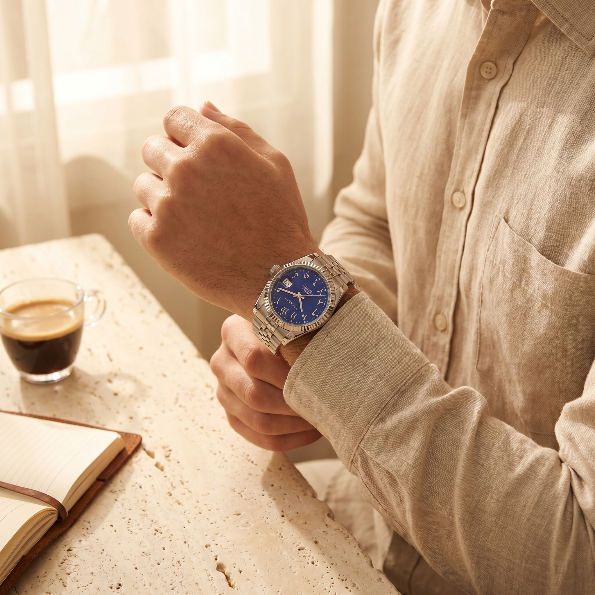 Datejust-style automatic watch, Velanti Milano Veljust Arabic Royal Blue worn on wrist