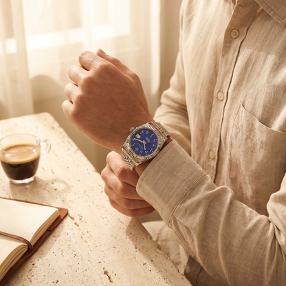 Datejust-style custom mod watch, Velanti Milano Veljust Arabic Royal Blue worn on wrist