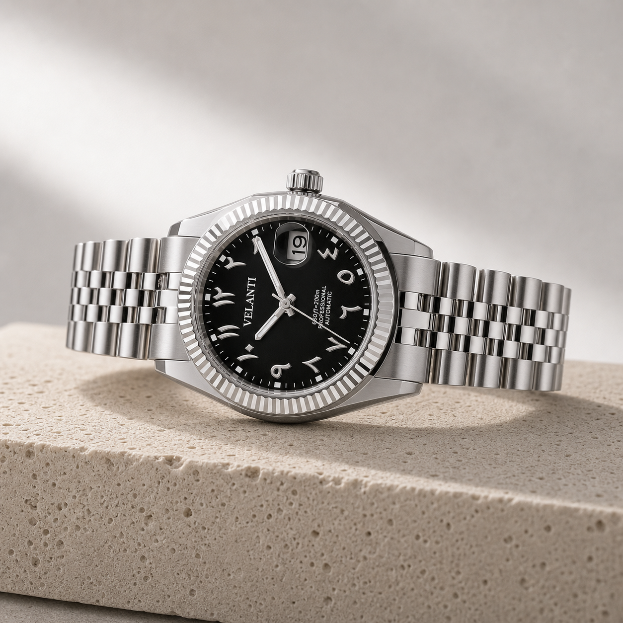 Datejust-style automatic watch, Velanti Milano Veljust Black Arabic, angled product photo