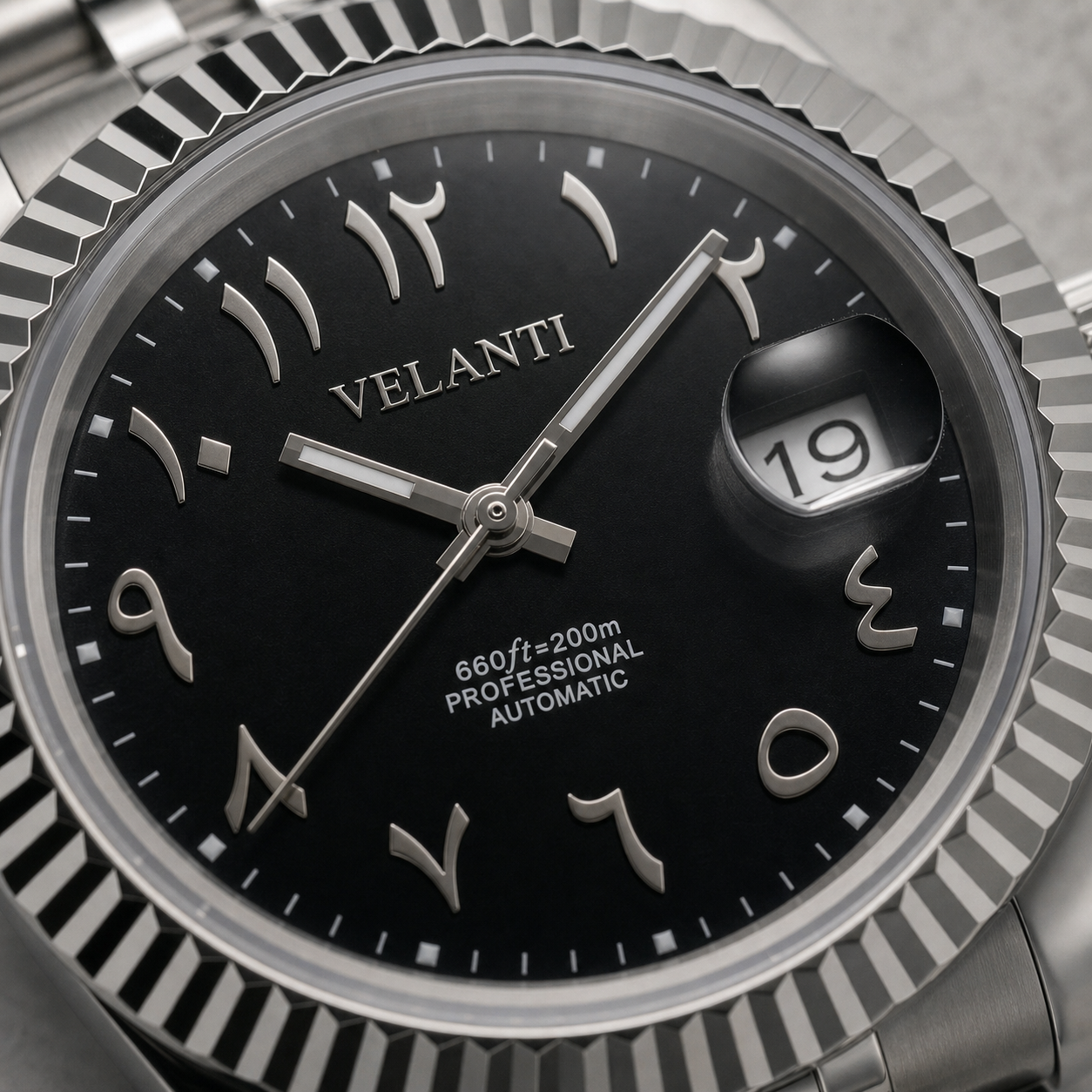 Datejust-style automatic watch, Velanti Milano Veljust Black Arabic, dial close-up