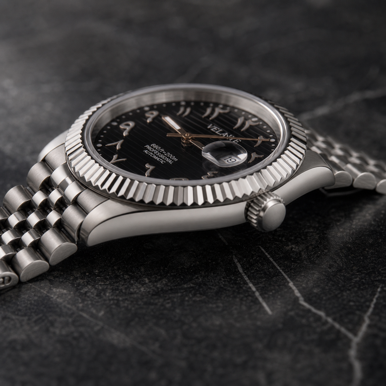 Datejust-style automatic watch, Velanti Milano Veljust Black Arabic, side profile photo