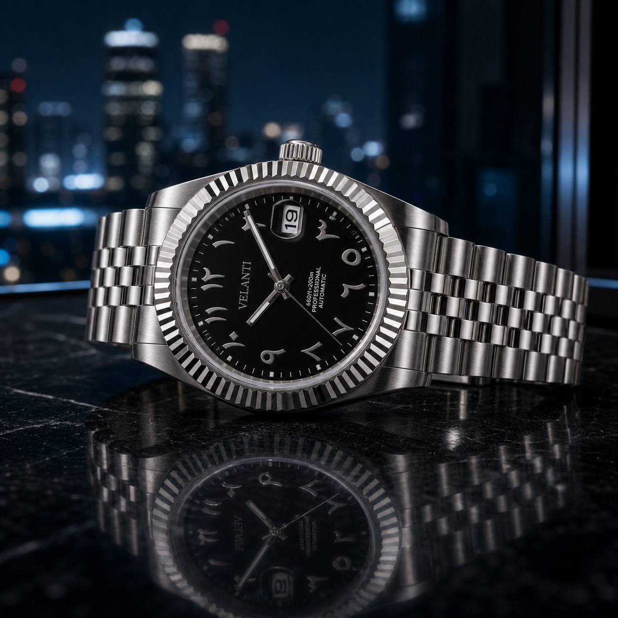 Datejust-style automatic watch, Velanti Milano Veljust Black Arabic, product photo 5