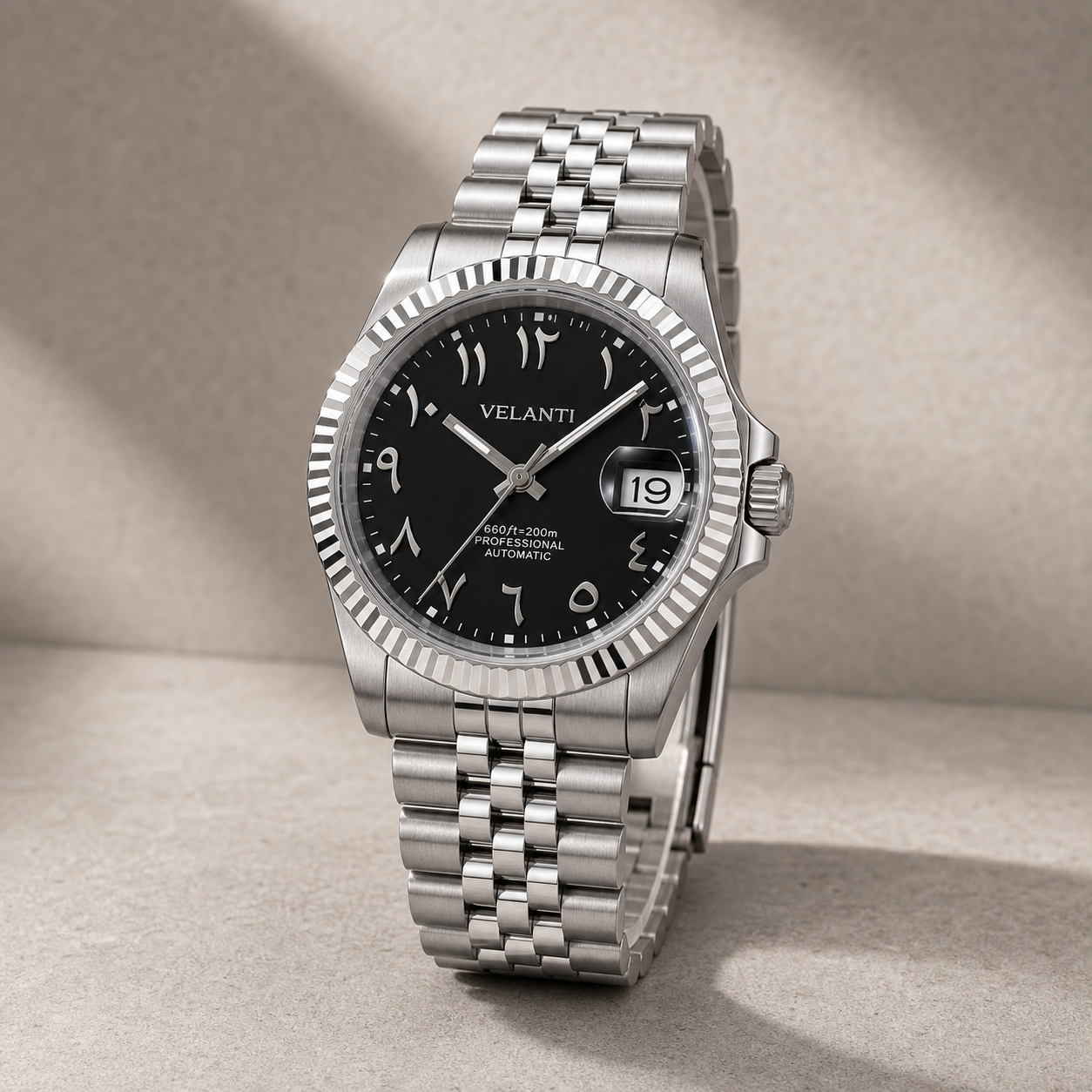 Datejust-style automatic watch, Velanti Milano Veljust Black Arabic, product photo 3