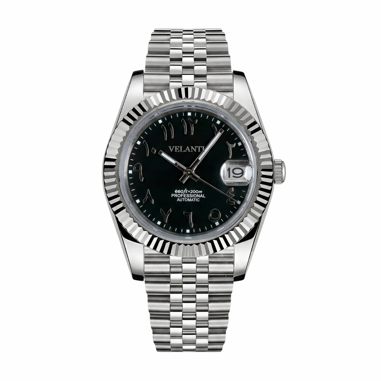Datejust-style automatic watch, Velanti Milano Veljust Black Arabic, main product photo