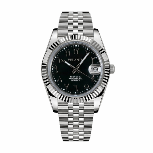 Datejust-style custom mod watch, Velanti Milano Veljust Black Arabic, main product photo