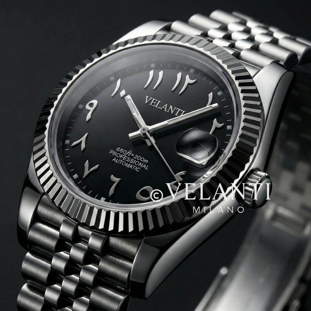 Datejust-style automatic watch, Velanti Milano Veljust Black Arabic, product photo 8