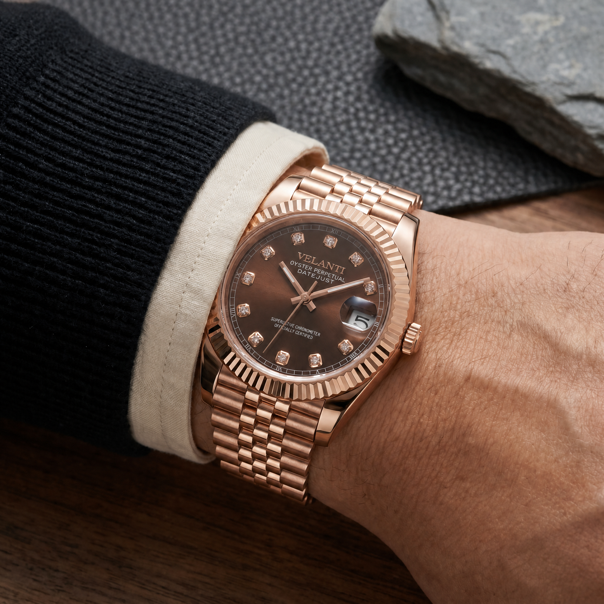 Datejust-style automatic watch, Velanti Milano Veljust Chocolate Crystals Rose Gold, product photo 7