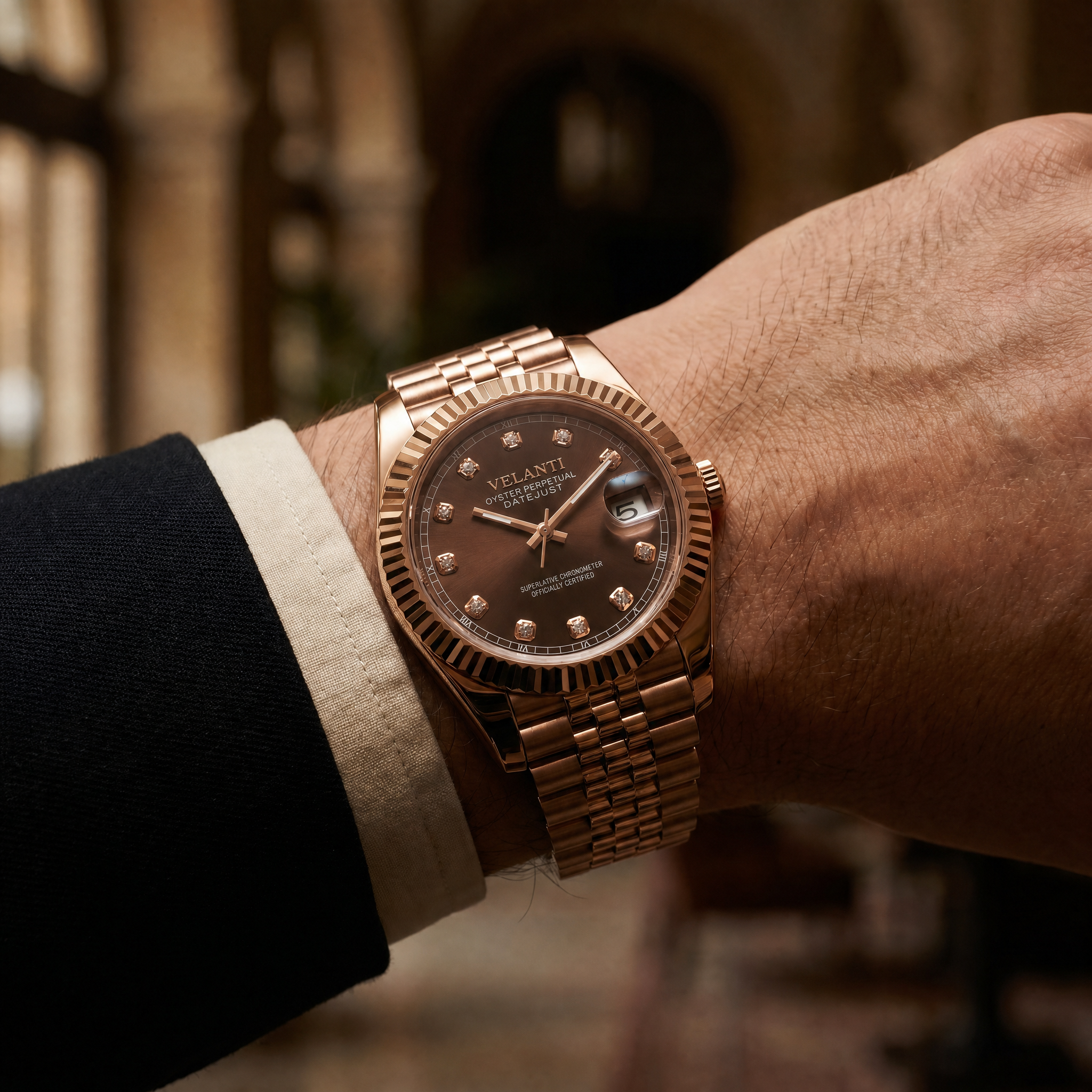 Datejust-style automatic watch, Velanti Milano Veljust Chocolate Crystals Rose Gold, product photo 8